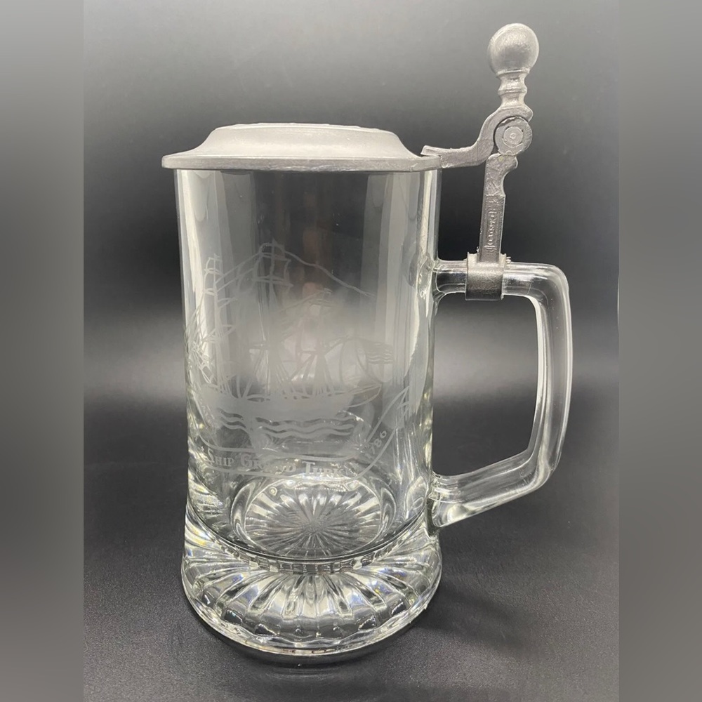 Clear Glass Salem-Ship Grand Turk-1786 Stein Pewter Lidded Collectible